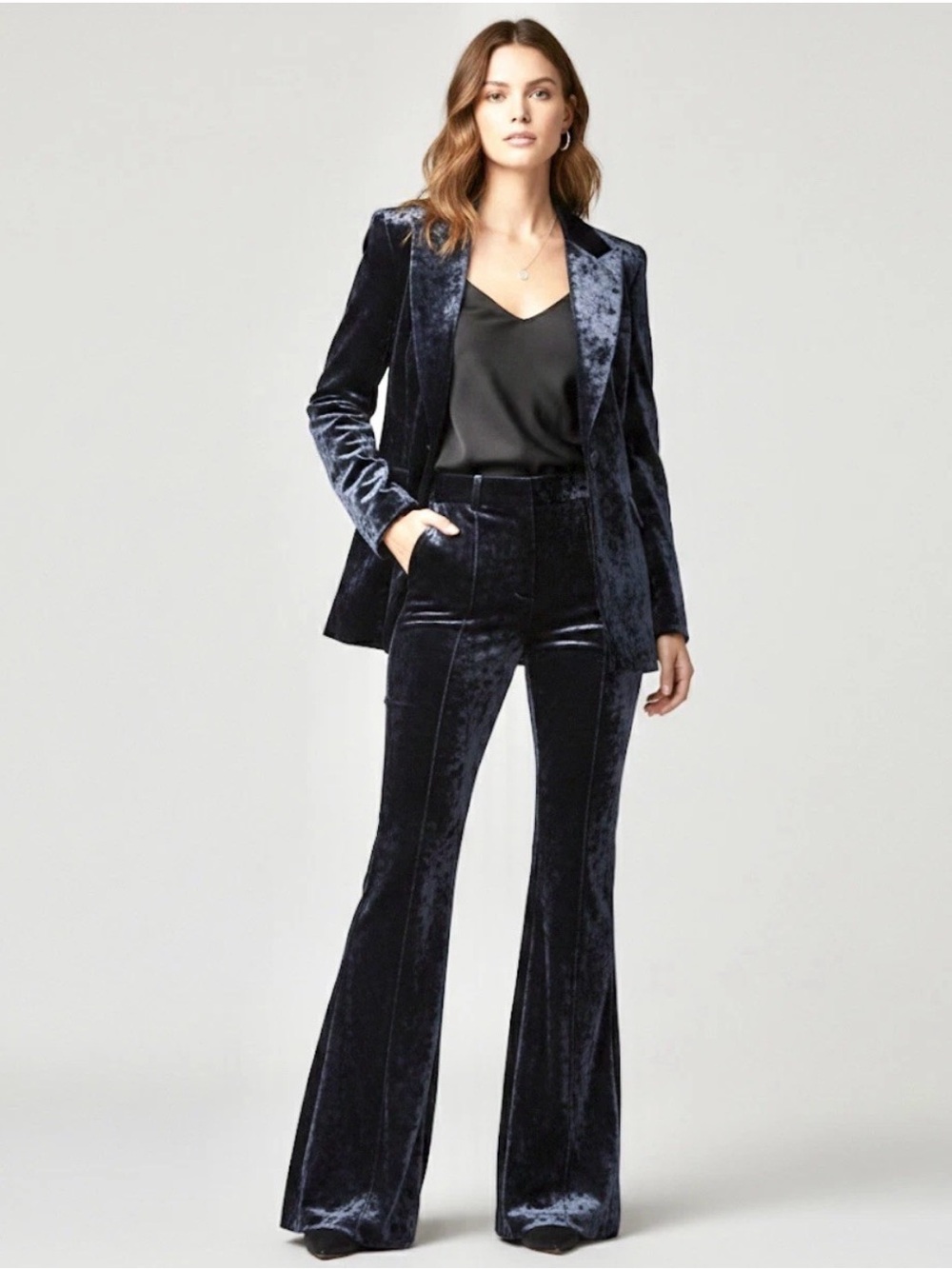 Alex Perry Women’s Navy Velvet Blazer & Flared Pants Set Size US 2 UK 6 NWT